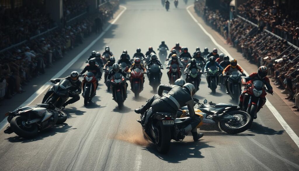 A high-angle view of a chaotic motorcycle race start, capturing the errors and missteps that often occur in the critical first seconds. In the foreground, several riders collide, bikes and bodies tumbling across the asphalt, with tires screeching and exhaust billowing. In the middle ground, the remaining riders jockey for position, wheelies and weaving as they fight for the holeshot. The background is a blurred sea of spectators, their faces etched with excitement and concern. The lighting is harsh, with shadows cutting across the scene, conveying the intensity and drama of the moment. The lens is wide, emphasizing the sense of speed and chaos. The overall mood is one of tension and high-stakes competition, where a single mistake can mean the difference between victory and defeat.