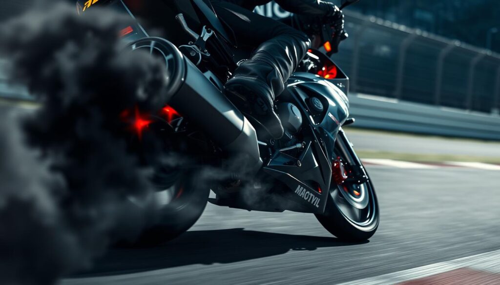 A high-speed motorcycle race, the front tire scraping the tarmac as the rider leans into a tight turn. Thick black tire smoke billows, brakes glowing red-hot, the rider's face set in fierce concentration. The motorcycle's sleek bodywork gleams under the bright track lighting, while the background blurs with the velocity. Dramatic shadows and highlights create a sense of urgency and motion, capturing the thrill and intensity of the braking maneuver. The composition emphasizes the motorcycle and rider, highlighting the technical skill and nerve required to execute a perfect, high-speed braking zone. A high-speed motorcycle race, the front tire scraping the tarmac as the rider leans into a tight turn. Thick black tire smoke billows, brakes glowing red-hot, the rider's face set in fierce concentration. The motorcycle's sleek bodywork gleams under the bright track lighting, while the background blurs with the velocity. Dramatic shadows and highlights create a sense of urgency and motion, capturing the thrill and intensity of the braking maneuver. The composition emphasizes the motorcycle and rider, highlighting the technical skill and nerve required to execute a perfect, high-speed braking zone.
