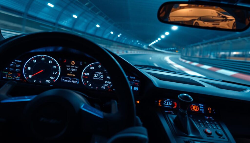 A high-tech racing dashboard fills the frame, aglow with a spectrum of digital readouts and indicators. The steering wheel and gear shifter are prominently displayed, hinting at the driver's imminent action. In the background, a blurred racetrack rushes by, suggesting intense speed and motion. Soft blue lighting casts an analytical, technical atmosphere, complemented by the clean, minimalist design of the telemetry display. Granular data streams across the various screens, providing the racer with a wealth of crucial information to optimize their performance and shave precious seconds off their lap time. A high-tech racing dashboard fills the frame, aglow with a spectrum of digital readouts and indicators. The steering wheel and gear shifter are prominently displayed, hinting at the driver's imminent action. In the background, a blurred racetrack rushes by, suggesting intense speed and motion. Soft blue lighting casts an analytical, technical atmosphere, complemented by the clean, minimalist design of the telemetry display. Granular data streams across the various screens, providing the racer with a wealth of crucial information to optimize their performance and shave precious seconds off their lap time.
