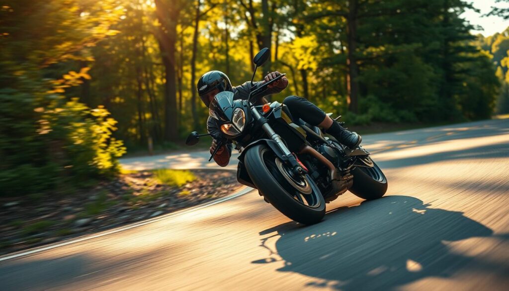 A motorcycle leaning into a sharp turn, the rider's body perfectly balanced, their eyes intently focused on the road ahead. The front tire grips the asphalt, the suspension compressed as the bike dives into the corner, the rider's foot barely skimming the ground. Warm, golden sunlight filters through the trees, casting dynamic shadows across the scene. The road winds through a lush, green forest, inviting the rider to push the limits of their machine. A sense of speed and precision permeates the image, highlighting the advantages of trail braking over traditional braking techniques. A motorcycle leaning into a sharp turn, the rider's body perfectly balanced, their eyes intently focused on the road ahead. The front tire grips the asphalt, the suspension compressed as the bike dives into the corner, the rider's foot barely skimming the ground. Warm, golden sunlight filters through the trees, casting dynamic shadows across the scene. The road winds through a lush, green forest, inviting the rider to push the limits of their machine. A sense of speed and precision permeates the image, highlighting the advantages of trail braking over traditional braking techniques.