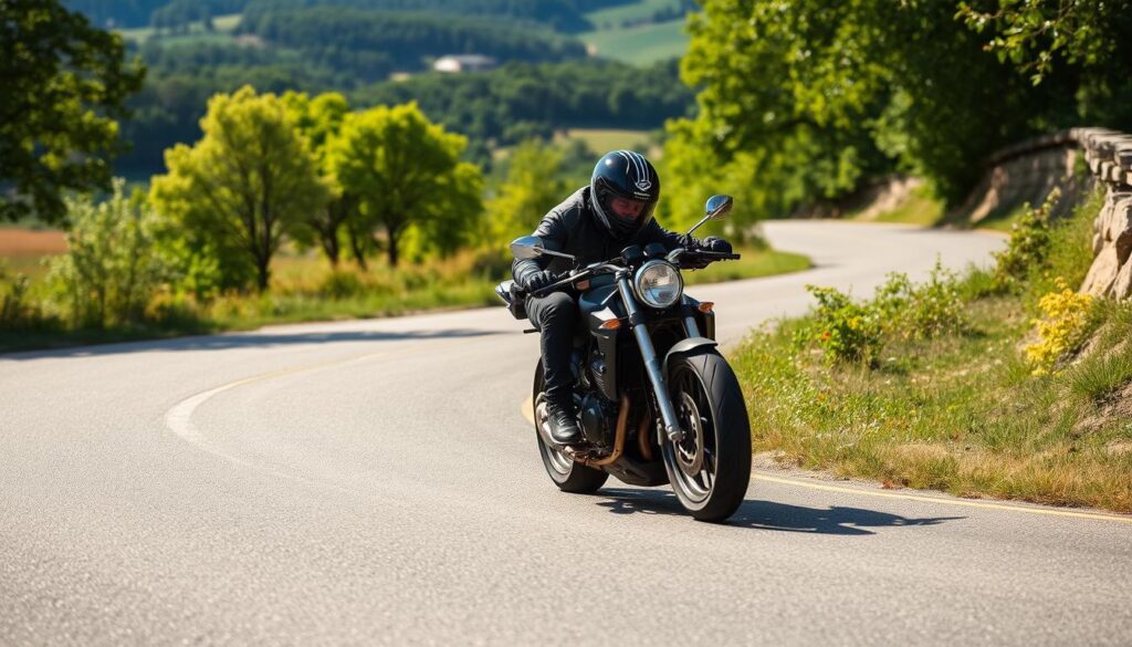 A motorcycle rider in full protective gear leans into a tight turn, their bike's tires scraping the asphalt as they expertly execute a trail braking drill on a winding, sun-dappled road through a scenic countryside. The rider's intense focus is evident as they apply smooth, progressive braking while gently transitioning their weight, maintaining precise control. In the background, lush green trees and rolling hills create a serene, peaceful atmosphere, heightening the sense of technical mastery on display. A motorcycle rider in full protective gear leans into a tight turn, their bike's tires scraping the asphalt as they expertly execute a trail braking drill on a winding, sun-dappled road through a scenic countryside. The rider's intense focus is evident as they apply smooth, progressive braking while gently transitioning their weight, maintaining precise control. In the background, lush green trees and rolling hills create a serene, peaceful atmosphere, heightening the sense of technical mastery on display.
