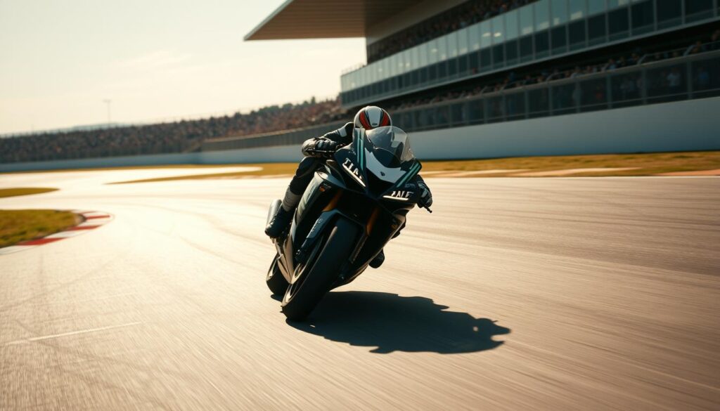 A professional motorcycle racer navigating a twisting racetrack, their bike leaning into a sharp turn as they execute a precise racing line. Sunlight casts dramatic shadows across the asphalt, with the rider's focused expression and body positioning conveying intense determination. In the background, a crowd of spectators line the circuit, creating an atmosphere of excitement and high-stakes competition. The scene is captured with a cinematic wide-angle lens, emphasizing the speed and dynamism of the race. The lighting is balanced, creating depth and highlighting the rider's technical skills as they apply advanced racing strategies to gain an edge over their rivals. A professional motorcycle racer navigating a twisting racetrack, their bike leaning into a sharp turn as they execute a precise racing line. Sunlight casts dramatic shadows across the asphalt, with the rider's focused expression and body positioning conveying intense determination. In the background, a crowd of spectators line the circuit, creating an atmosphere of excitement and high-stakes competition. The scene is captured with a cinematic wide-angle lens, emphasizing the speed and dynamism of the race. The lighting is balanced, creating depth and highlighting the rider's technical skills as they apply advanced racing strategies to gain an edge over their rivals.