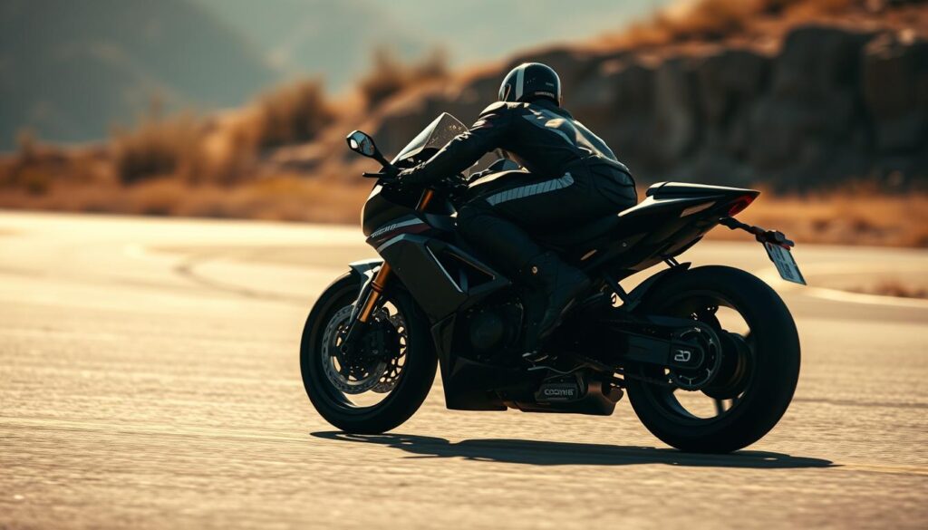 A professional motorcycle rider in a sleek racing suit leans into a tight corner, their body forming a perfect arc as they navigate the asphalt. The scene is captured with a wide-angle lens, showcasing the rider's dynamic and progressive leaning technique. Warm sunlight filters through the scene, casting dramatic shadows and highlighting the details of the rider's form. The background blurs into a hazy, out-of-focus landscape, putting the focus squarely on the rider's fluid, precision-driven movements. This image perfectly encapsulates the essence of "Progressive Leaning" - the ability to push the limits of a motorcycle's capabilities through masterful body control and weight distribution. A professional motorcycle rider in a sleek racing suit leans into a tight corner, their body forming a perfect arc as they navigate the asphalt. The scene is captured with a wide-angle lens, showcasing the rider's dynamic and progressive leaning technique. Warm sunlight filters through the scene, casting dramatic shadows and highlighting the details of the rider's form. The background blurs into a hazy, out-of-focus landscape, putting the focus squarely on the rider's fluid, precision-driven movements. This image perfectly encapsulates the essence of "Progressive Leaning" - the ability to push the limits of a motorcycle's capabilities through masterful body control and weight distribution.