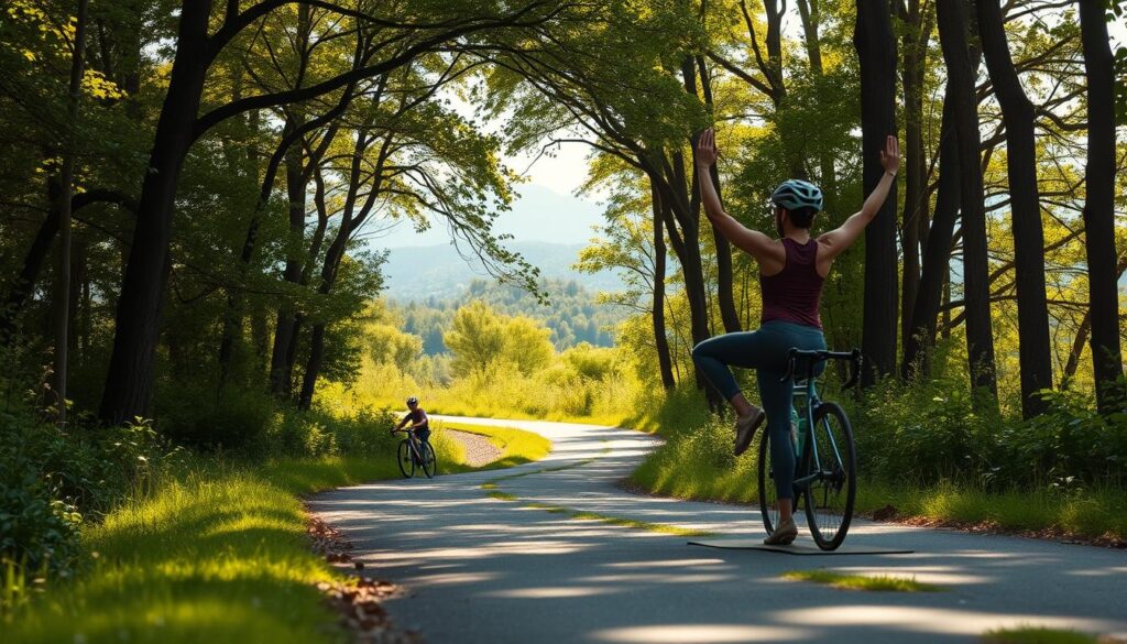 A cyclist performing yoga poses on a tranquil forest path, bathed in warm, natural lighting. The foreground features the cyclist in a variety of joint-strengthening asanas, such as Warrior II, Tree Pose, and Crescent Lunge, showcasing the mobility and balance required for off-season cross-training. The middle ground depicts a winding trail surrounded by lush greenery, with dappled sunlight filtering through the canopy. In the background, a serene landscape of rolling hills and distant mountains sets a calming, restorative atmosphere, encouraging mindfulness and injury prevention.