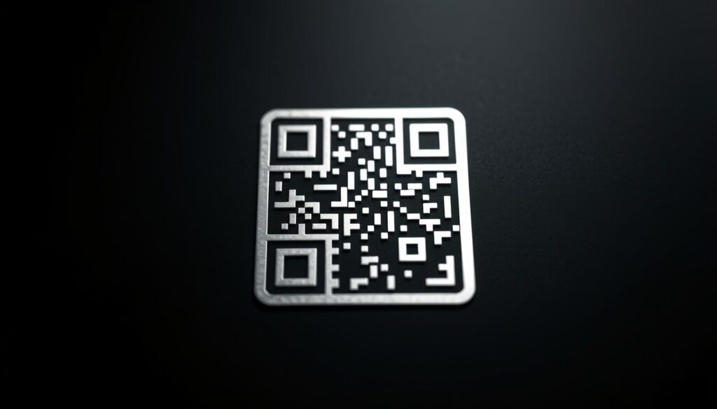 A high-contrast, close-up image of a training log analytics QR code against a minimalist, matte black background. The QR code is centered in the frame, sharply in focus, and rendered with crisp, clean lines and a subtle metallic sheen. The lighting is soft and directional, casting subtle shadows that accentuate the textural details of the QR code surface. The overall mood is one of modern, technical precision - a sleek, functional design element ready to be scanned and leveraged for data-driven performance insights.
