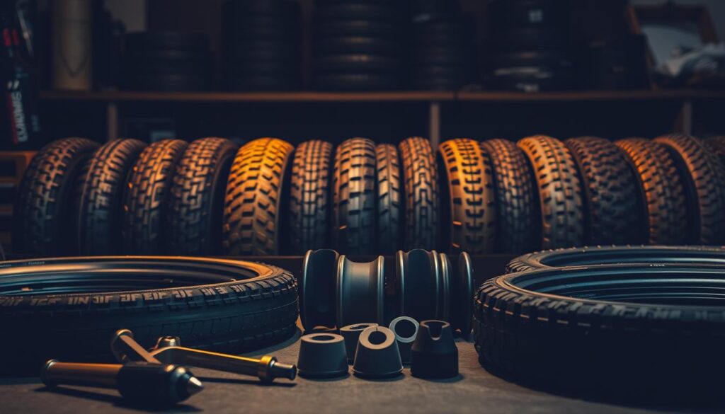 A neatly organized display of mountain bike tires and inserts lies against a backdrop of a dimly lit workshop. The tires, in various tread patterns and sizes, are arranged with care, their surfaces reflecting the warm glow of task lighting. In the foreground, a set of tire levers and a small pump sit ready, hinting at the meticulous preparation underway. The middle ground features a selection of tire inserts, their profiles visible, ready to be paired with the appropriate tires for the upcoming trail race. The overall atmosphere conveys a sense of focus and attention to detail, befitting the importance of tire choice and setup for a mountain bike racing event. A neatly organized display of mountain bike tires and inserts lies against a backdrop of a dimly lit workshop. The tires, in various tread patterns and sizes, are arranged with care, their surfaces reflecting the warm glow of task lighting. In the foreground, a set of tire levers and a small pump sit ready, hinting at the meticulous preparation underway. The middle ground features a selection of tire inserts, their profiles visible, ready to be paired with the appropriate tires for the upcoming trail race. The overall atmosphere conveys a sense of focus and attention to detail, befitting the importance of tire choice and setup for a mountain bike racing event.