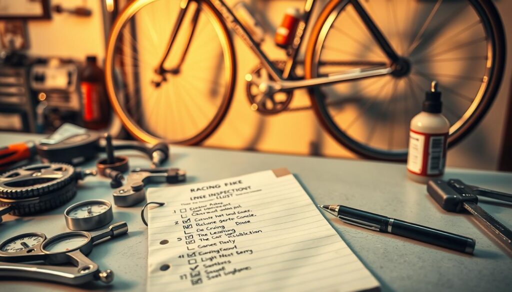 A neatly organized racing bike gear inspection checklist laid out on a clean workbench. The checklist is meticulously handwritten on a weathered paper notepad, with a mechanical pencil resting nearby. In the foreground, various bicycle tools and components are arranged in an orderly fashion, including tire gauges, spoke wrenches, and chain lubrication bottles. The middle ground features the bike itself, its frame gleaming under the warm, focused lighting, casting subtle shadows. The background is blurred, creating a sense of depth and emphasizing the attention to detail in the scene. The overall mood is one of diligent preparation, with a touch of vintage charm befitting a serious racer's pre-race ritual. A neatly organized racing bike gear inspection checklist laid out on a clean workbench. The checklist is meticulously handwritten on a weathered paper notepad, with a mechanical pencil resting nearby. In the foreground, various bicycle tools and components are arranged in an orderly fashion, including tire gauges, spoke wrenches, and chain lubrication bottles. The middle ground features the bike itself, its frame gleaming under the warm, focused lighting, casting subtle shadows. The background is blurred, creating a sense of depth and emphasizing the attention to detail in the scene. The overall mood is one of diligent preparation, with a touch of vintage charm befitting a serious racer's pre-race ritual.