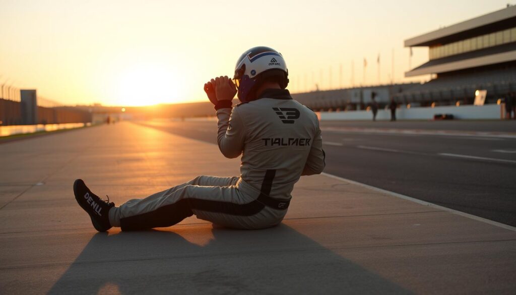 A racecar driver sits on the ground, legs stretched out, in a quiet trackside area. They perform gentle stretches and massage their sore muscles, their racing suit unzipped to reveal a sweat-dampened undershirt. The sun casts long shadows as it sinks below the horizon, creating a warm, golden-hour glow. In the background, the racetrack stands empty, with a few scattered crew members packing up equipment. The atmosphere is one of quiet reflection and recovery after the intensity of the race. A racecar driver sits on the ground, legs stretched out, in a quiet trackside area. They perform gentle stretches and massage their sore muscles, their racing suit unzipped to reveal a sweat-dampened undershirt. The sun casts long shadows as it sinks below the horizon, creating a warm, golden-hour glow. In the background, the racetrack stands empty, with a few scattered crew members packing up equipment. The atmosphere is one of quiet reflection and recovery after the intensity of the race.