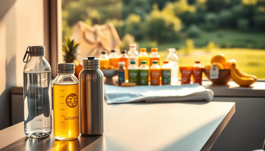 A serene athlete's hydration station, bathed in warm, golden light. In the foreground, reusable water bottles and sleek stainless steel flasks gleam. Behind them, a neatly arranged display of fresh fruits, electrolyte-rich drinks, and energy gels, all strategically positioned to fuel an optimal performance. The middle ground features a modern, minimalist table, its surface complemented by a crisp, white towel. In the background, a blurred, verdant landscape hints at the outdoor adventures to come, creating a calming, nature-inspired atmosphere. Subtle shadows and soft textures throughout evoke a sense of balance and intentionality, reflecting the holistic approach to athletic hydration and nutrition.