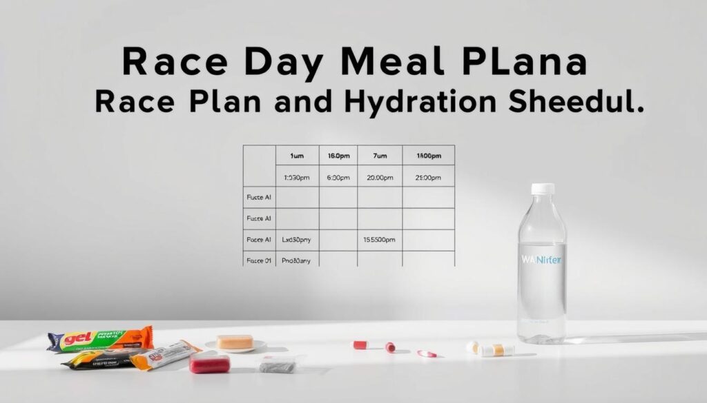 A sleek, minimalist design showcasing a "Race Day Meal Plan and Hydration Schedule". In the foreground, a clean, white table displays a variety of sports nutrition products - energy gels, protein bars, electrolyte tablets, and a reusable water bottle. In the middle ground, a simple, yet detailed schedule outlines the optimal timing and quantities for fueling and hydrating before, during, and after the race, against a muted, grey background. Soft, directional lighting illuminates the scene, creating a sense of focus and clarity. The overall mood is one of efficiency, preparation, and confidence - essential elements for a successful race day.