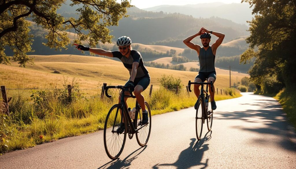 A sun-dappled outdoor scene, a cyclist performing a series of dynamic warmup exercises on a quiet country road. In the foreground, the rider stretches their hamstrings and quad muscles, preparing their body for the ride ahead. In the middle ground, they move through leg swings and torso twists, warming up their core. In the background, rolling hills and lush greenery create a tranquil, restorative atmosphere. Soft, diffused natural lighting illuminates the scene, casting long shadows and a warm, golden glow. The cyclist's movements are fluid and intentional, their focus evident as they prime their body for the challenges of the ride. A sun-dappled outdoor scene, a cyclist performing a series of dynamic warmup exercises on a quiet country road. In the foreground, the rider stretches their hamstrings and quad muscles, preparing their body for the ride ahead. In the middle ground, they move through leg swings and torso twists, warming up their core. In the background, rolling hills and lush greenery create a tranquil, restorative atmosphere. Soft, diffused natural lighting illuminates the scene, casting long shadows and a warm, golden glow. The cyclist's movements are fluid and intentional, their focus evident as they prime their body for the challenges of the ride.