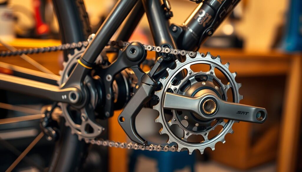 Prompt A close-up view of a disassembled mountain bike drivetrain, showcasing various upgraded components. The foreground features a new derailleur, cassette, and chain, all in a shiny metallic finish, against a softly blurred background of a workshop bench and tools. Warm, directional lighting illuminates the intricate details, creating a sense of technical precision and mechanical beauty. The overall composition highlights the key upgrades that can improve the performance, efficiency, and smoothness of a mountain bike's drivetrain. Prompt A close-up view of a disassembled mountain bike drivetrain, showcasing various upgraded components. The foreground features a new derailleur, cassette, and chain, all in a shiny metallic finish, against a softly blurred background of a workshop bench and tools. Warm, directional lighting illuminates the intricate details, creating a sense of technical precision and mechanical beauty. The overall composition highlights the key upgrades that can improve the performance, efficiency, and smoothness of a mountain bike's drivetrain.