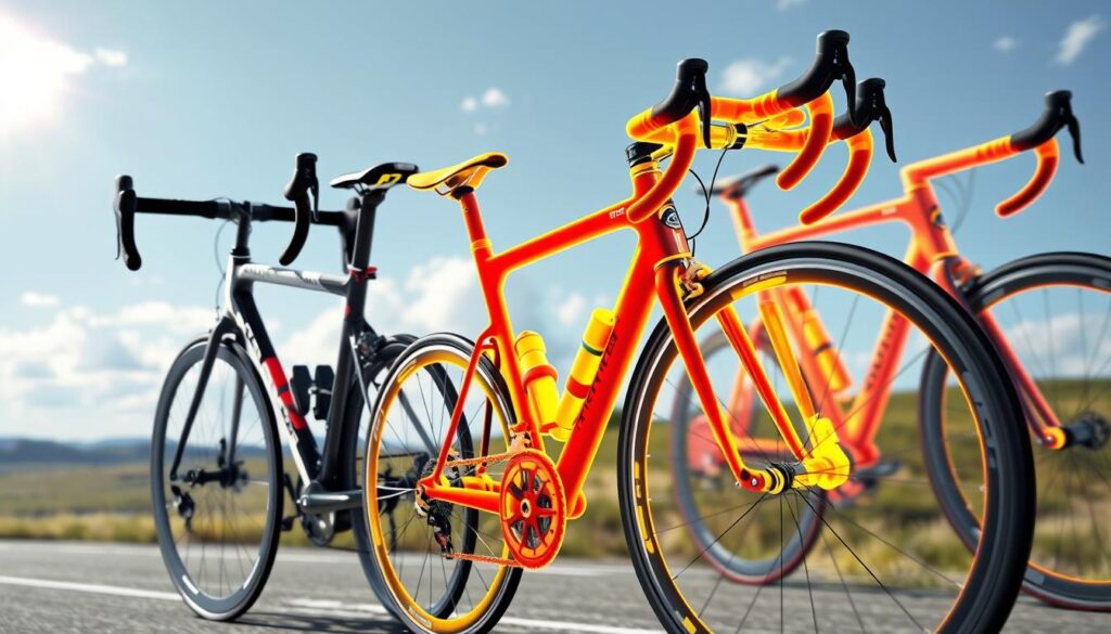 a detailed cross-section view of several high-performance racing bicycles with a thermal overlay, showcasing the heat signatures and temperature gradients across the frame, components, and tires during a simulated high-speed race on a sunny day, rendered in a hyper-realistic photographic style with crisp details, accurate proportions, and natural lighting a detailed cross-section view of several high-performance racing bicycles with a thermal overlay, showcasing the heat signatures and temperature gradients across the frame, components, and tires during a simulated high-speed race on a sunny day, rendered in a hyper-realistic photographic style with crisp details, accurate proportions, and natural lighting