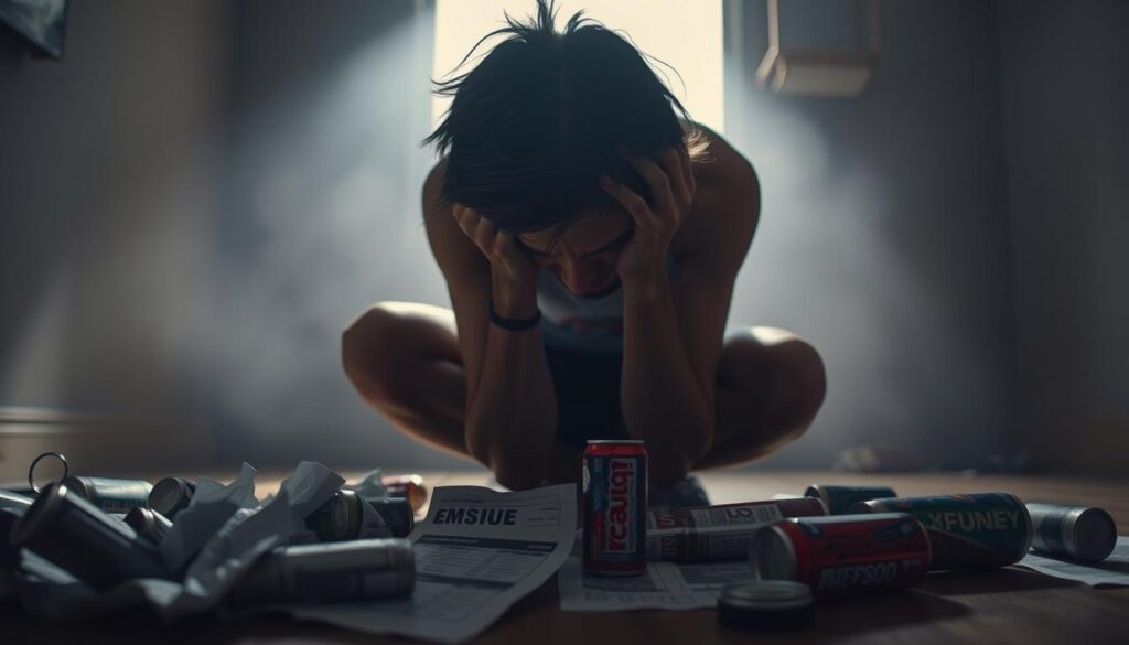 A distressed athlete hunched over in a dimly lit room, brow furrowed, hands clutching their head. In the foreground, crumpled training schedules and discarded energy drink cans clutter the floor, symbolizing the mental and physical strain of overtraining. The middle ground features a hazy, unfocused background, conveying a sense of disorientation and cognitive fatigue. Soft, dramatic lighting casts long shadows, heightening the anguished, introspective mood. The scene evokes the critical mistakes made during mental race preparation that can lead to injury and burnout. A distressed athlete hunched over in a dimly lit room, brow furrowed, hands clutching their head. In the foreground, crumpled training schedules and discarded energy drink cans clutter the floor, symbolizing the mental and physical strain of overtraining. The middle ground features a hazy, unfocused background, conveying a sense of disorientation and cognitive fatigue. Soft, dramatic lighting casts long shadows, heightening the anguished, introspective mood. The scene evokes the critical mistakes made during mental race preparation that can lead to injury and burnout.