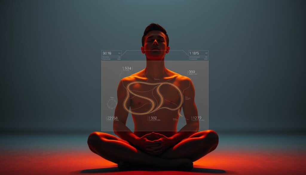 A focused, serene athlete sits cross-legged, eyes closed, in a dimly lit, minimalist room. Their face is illuminated by warm, soft light, emanating a sense of deep concentration and mental preparation. In the middle ground, a transparent, holographic overlay displays visualizations of a racetrack, with data and metrics floating around, guiding the athlete's mental simulation. The background is blurred, creating a sense of depth and isolating the subject, conveying the intense, introspective nature of their pre-race mental strategies. A focused, serene athlete sits cross-legged, eyes closed, in a dimly lit, minimalist room. Their face is illuminated by warm, soft light, emanating a sense of deep concentration and mental preparation. In the middle ground, a transparent, holographic overlay displays visualizations of a racetrack, with data and metrics floating around, guiding the athlete's mental simulation. The background is blurred, creating a sense of depth and isolating the subject, conveying the intense, introspective nature of their pre-race mental strategies.