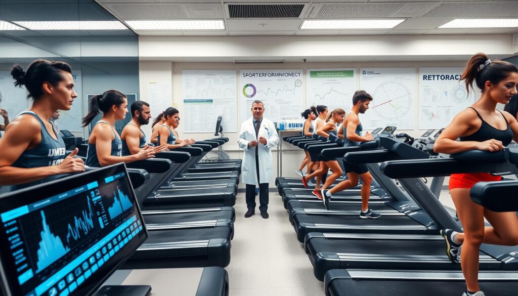 A laboratory setting with a row of athletes on treadmills, their faces and bodies glistening with sweat as they engage in intense physical activity. In the foreground, a display shows real-time data on their hydration levels, heart rates, and other key metrics. The middle ground features a technician in a lab coat, carefully monitoring the athletes and recording the results. The background showcases scientific equipment, charts, and diagrams related to sports performance and hydration science. The lighting is bright and clinical, emphasizing the scientific nature of the scene. The overall atmosphere conveys a sense of precision, experimentation, and the pursuit of peak athletic potential. A laboratory setting with a row of athletes on treadmills, their faces and bodies glistening with sweat as they engage in intense physical activity. In the foreground, a display shows real-time data on their hydration levels, heart rates, and other key metrics. The middle ground features a technician in a lab coat, carefully monitoring the athletes and recording the results. The background showcases scientific equipment, charts, and diagrams related to sports performance and hydration science. The lighting is bright and clinical, emphasizing the scientific nature of the scene. The overall atmosphere conveys a sense of precision, experimentation, and the pursuit of peak athletic potential.