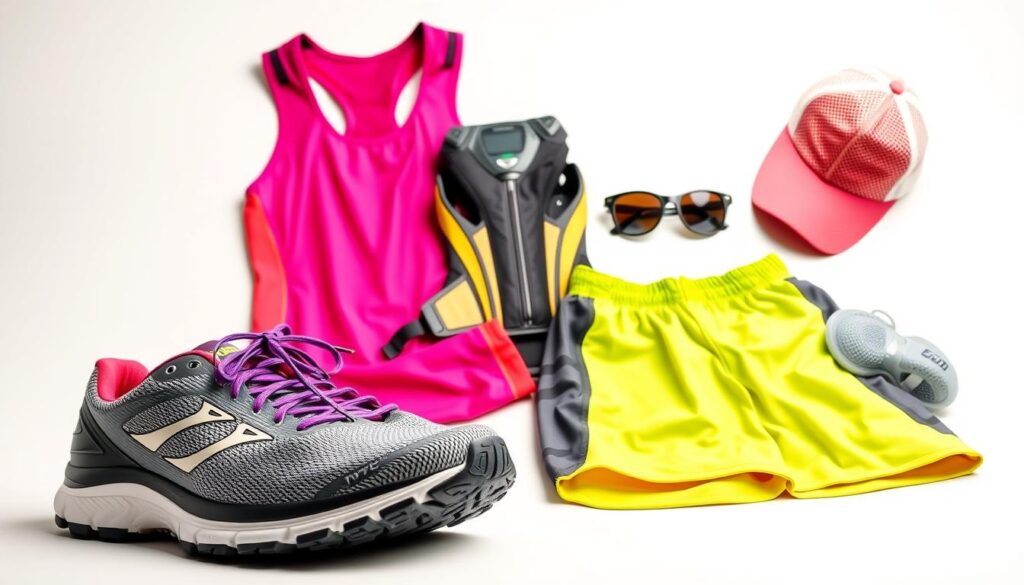 A neatly arranged collection of essential race-day gear against a bright, clean backdrop. In the foreground, a pair of lightweight, high-performance running shoes with specialized tread. Next to them, a moisture-wicking athletic top and shorts in vibrant, coordinated colors. In the middle ground, a sleek hydration pack and a heart rate monitor with a digital display. In the background, a pair of shatterproof sports sunglasses and a lightweight running cap with ventilation mesh. The lighting is soft and diffused, highlighting the textures and details of each item. The overall mood is one of preparedness, functionality, and athletic excellence. A neatly arranged collection of essential race-day gear against a bright, clean backdrop. In the foreground, a pair of lightweight, high-performance running shoes with specialized tread. Next to them, a moisture-wicking athletic top and shorts in vibrant, coordinated colors. In the middle ground, a sleek hydration pack and a heart rate monitor with a digital display. In the background, a pair of shatterproof sports sunglasses and a lightweight running cap with ventilation mesh. The lighting is soft and diffused, highlighting the textures and details of each item. The overall mood is one of preparedness, functionality, and athletic excellence.