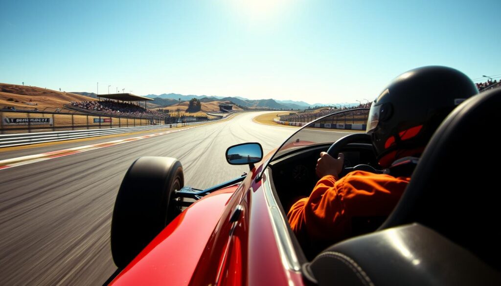 A professional race car driver navigating a winding track, focused and determined, as the sun casts a warm glow across the scene. In the foreground, the sleek, high-performance vehicle hugs the curves, its tires gripping the asphalt. The driver's hands are firmly on the steering wheel, their face shielded by a tinted visor. In the middle ground, the racetrack stretches out, flanked by grandstands filled with cheering spectators. The background is a panoramic vista of rolling hills and a clear, azure sky, creating a sense of motion and speed. The overall atmosphere is one of excitement, adrenaline, and the pursuit of excellence. A professional race car driver navigating a winding track, focused and determined, as the sun casts a warm glow across the scene. In the foreground, the sleek, high-performance vehicle hugs the curves, its tires gripping the asphalt. The driver's hands are firmly on the steering wheel, their face shielded by a tinted visor. In the middle ground, the racetrack stretches out, flanked by grandstands filled with cheering spectators. The background is a panoramic vista of rolling hills and a clear, azure sky, creating a sense of motion and speed. The overall atmosphere is one of excitement, adrenaline, and the pursuit of excellence.