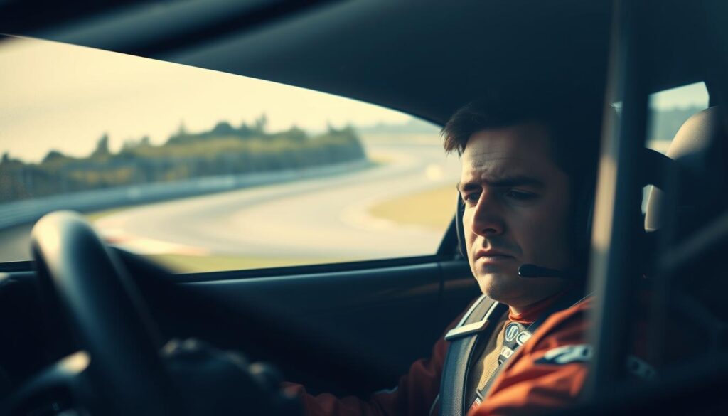 A racecar driver, eyes heavy with fatigue, struggles to stay alert as they navigate a winding circuit. The cockpit is dimly lit, casting shadows that accentuate the driver's strained expression. Surrounding the car, the track fades into a blurred, dreamlike landscape, hinting at the disorientation and lack of focus caused by sleep deprivation. The scene conveys the critical importance of rest and recovery for optimal racing performance, as the driver's safety and success are jeopardized by the effects of exhaustion. A racecar driver, eyes heavy with fatigue, struggles to stay alert as they navigate a winding circuit. The cockpit is dimly lit, casting shadows that accentuate the driver's strained expression. Surrounding the car, the track fades into a blurred, dreamlike landscape, hinting at the disorientation and lack of focus caused by sleep deprivation. The scene conveys the critical importance of rest and recovery for optimal racing performance, as the driver's safety and success are jeopardized by the effects of exhaustion.