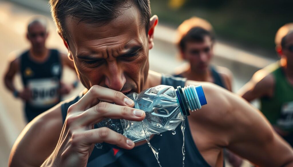 A runner in the midst of a race, struggling to open a water bottle, spilling liquid on their face and shirt. The scene is captured with a close-up, high-angle lens, conveying a sense of urgency and frustration. The runner's expression is strained, brows furrowed, as they attempt to regain control of their hydration. The background is blurred, emphasizing the intense focus on the hydration mishap. Diffused, warm lighting casts soft shadows, adding depth and drama to the moment. The image portrays the all-too-common, yet critical, challenges athletes face in maintaining proper hydration during a race. A runner in the midst of a race, struggling to open a water bottle, spilling liquid on their face and shirt. The scene is captured with a close-up, high-angle lens, conveying a sense of urgency and frustration. The runner's expression is strained, brows furrowed, as they attempt to regain control of their hydration. The background is blurred, emphasizing the intense focus on the hydration mishap. Diffused, warm lighting casts soft shadows, adding depth and drama to the moment. The image portrays the all-too-common, yet critical, challenges athletes face in maintaining proper hydration during a race.