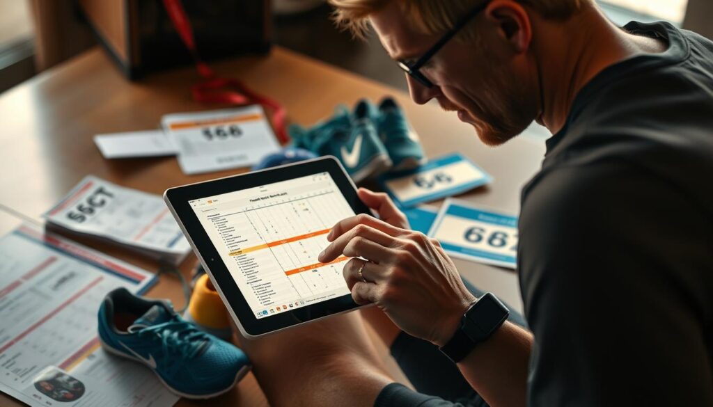 A seasoned runner meticulously customizing a race plan on a digital tablet, surrounded by detailed training schedules, race bibs, and running shoes. The lighting is warm and focused, creating a contemplative atmosphere as the runner reviews data and makes strategic adjustments. The composition emphasizes the planning process, with the tablet in the foreground, surrounded by the runner's race-day essentials in the middle ground, and a blurred background hinting at the excitement of the upcoming event. A seasoned runner meticulously customizing a race plan on a digital tablet, surrounded by detailed training schedules, race bibs, and running shoes. The lighting is warm and focused, creating a contemplative atmosphere as the runner reviews data and makes strategic adjustments. The composition emphasizes the planning process, with the tablet in the foreground, surrounded by the runner's race-day essentials in the middle ground, and a blurred background hinting at the excitement of the upcoming event.