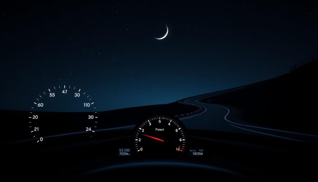 A serene dashboard display showcasing key performance metrics for racing. The foreground features a stylized, minimalist speedometer, tachometer, and fuel gauge against a dark background. The middle ground depicts a calm, starry night sky with a faint crescent moon, evoking a sense of tranquility and focus. In the background, a winding racetrack curves gently, its edges softly illuminated by subtle, ambient lighting. The overall scene conveys a sense of precision, concentration, and the importance of rest and recovery for optimal racing performance.