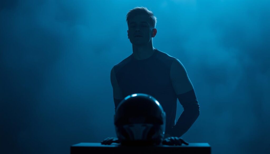 A serene, focused athlete stands in a dimly lit room, eyes closed, deep in mental race preparation. Soft, directional lighting casts dramatic shadows, heightening the sense of concentration. In the middle ground, a racing helmet and gloves rest on a table, a symbol of the physical challenge to come. The background fades into a hazy, abstract blur, representing the athlete's singular mindset, unencumbered by external distractions. Subtle hues of blue and gray evoke a calming, introspective atmosphere, conveying the strategies employed to manage stress and maintain composure. A serene, focused athlete stands in a dimly lit room, eyes closed, deep in mental race preparation. Soft, directional lighting casts dramatic shadows, heightening the sense of concentration. In the middle ground, a racing helmet and gloves rest on a table, a symbol of the physical challenge to come. The background fades into a hazy, abstract blur, representing the athlete's singular mindset, unencumbered by external distractions. Subtle hues of blue and gray evoke a calming, introspective atmosphere, conveying the strategies employed to manage stress and maintain composure.