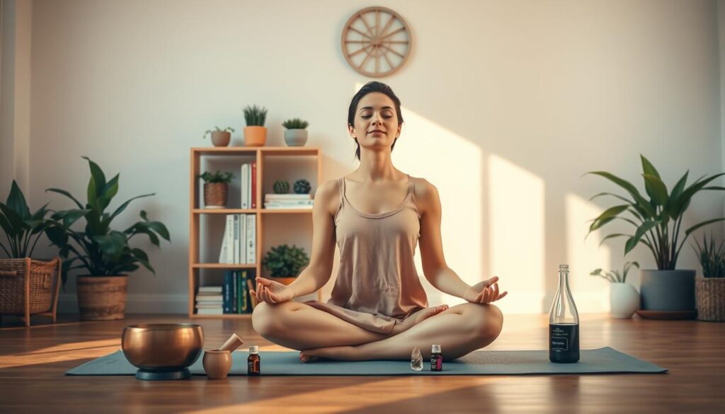 A serene indoor setting, bathed in warm, natural lighting. In the foreground, a person sits cross-legged on a yoga mat, eyes closed, their expression one of deep focus and tranquility. Surrounding them, an assortment of meditation tools - a singing bowl, essential oil diffuser, and crystals - arranged intentionally. In the middle ground, potted plants and shelves of self-help books create a calming, introspective atmosphere. The background features a minimalist, Scandinavian-inspired wall decor, subtle and uncluttered, allowing the scene to take center stage. The overall mood is one of introspection, mental clarity, and resilience-building through mindful practices.