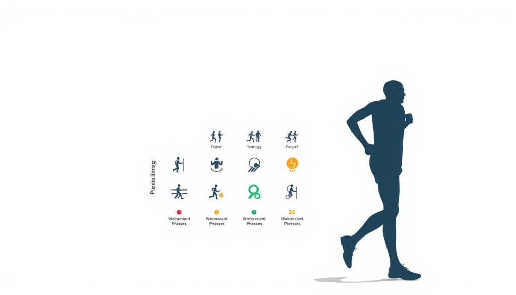 A sleek, minimalist illustration depicting various periodization strategies for endurance athletes. In the foreground, a runner's silhouette stands against a clean white background, representing the athlete's journey. In the middle ground, a grid-like diagram showcases different training phases, each denoted by distinct icons and colors, guiding the viewer through the periodization process. The background features a subtle gradient, evoking a sense of progression and forward momentum. The overall composition conveys a balanced, scientific approach to optimizing endurance performance through strategic training.