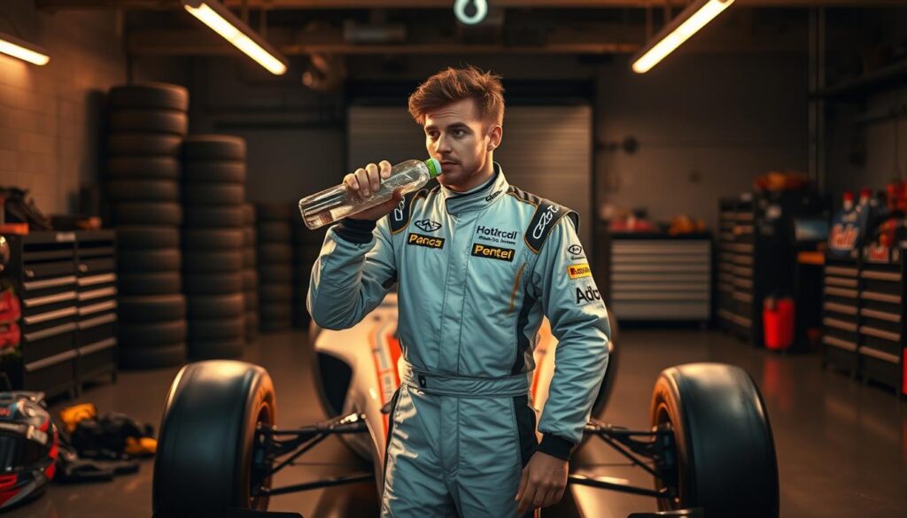 A well-lit, dynamic scene of a race car driver performing a hydration-focused warm-up routine. In the foreground, the driver stands holding a water bottle, their focused expression captured mid-sip. Surrounding them, an array of racing equipment - gloves, helmet, and racing suit - are neatly arranged, conveying a sense of pre-race preparation. In the middle ground, the sleek, aerodynamic lines of a race car provide a backdrop, hinting at the high-octane environment. The background features a blend of modern, industrial elements - tire stacks, tool chests, and a dimly lit garage space - creating an atmosphere of anticipation and competition. Warm, directional lighting casts dramatic shadows, emphasizing the driver's intense concentration and the importance of proper hydration in a racer's warm-up routine. A well-lit, dynamic scene of a race car driver performing a hydration-focused warm-up routine. In the foreground, the driver stands holding a water bottle, their focused expression captured mid-sip. Surrounding them, an array of racing equipment - gloves, helmet, and racing suit - are neatly arranged, conveying a sense of pre-race preparation. In the middle ground, the sleek, aerodynamic lines of a race car provide a backdrop, hinting at the high-octane environment. The background features a blend of modern, industrial elements - tire stacks, tool chests, and a dimly lit garage space - creating an atmosphere of anticipation and competition. Warm, directional lighting casts dramatic shadows, emphasizing the driver's intense concentration and the importance of proper hydration in a racer's warm-up routine.