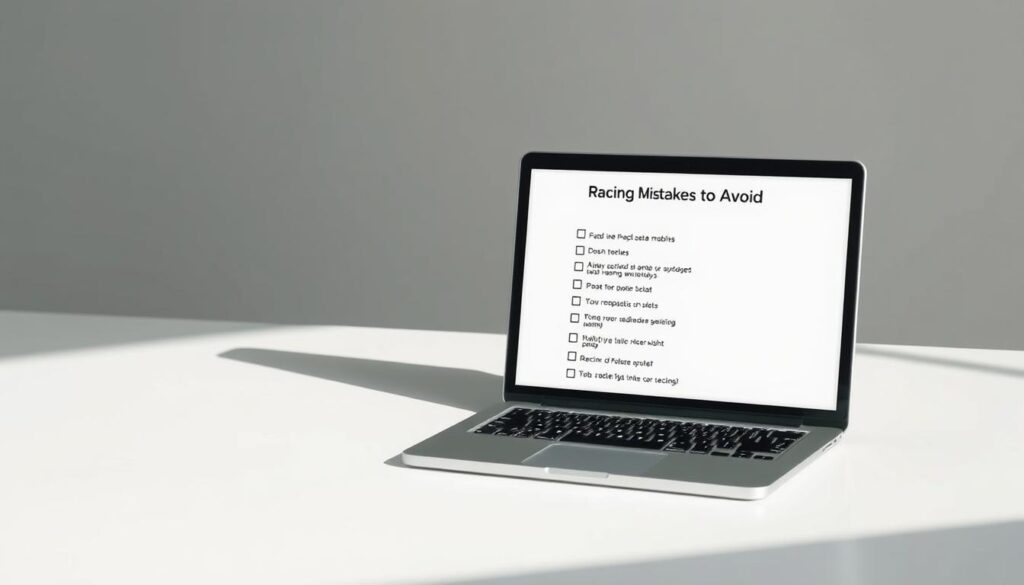 A clean, minimalist desk scene with a neatly organized "Racing Mistakes to Avoid" checklist displayed on a laptop screen. The checklist is presented in a straightforward, bulleted format against a subdued, neutral-toned background that exudes a sense of focus and efficiency. Soft, directional lighting from the side casts gentle shadows, creating depth and emphasizing the simplicity of the design. The overall atmosphere is one of thoughtful organization and a deliberate approach to data analysis, reflecting the "Data Pitfalls and Overwhelm" theme of the article. A clean, minimalist desk scene with a neatly organized "Racing Mistakes to Avoid" checklist displayed on a laptop screen. The checklist is presented in a straightforward, bulleted format against a subdued, neutral-toned background that exudes a sense of focus and efficiency. Soft, directional lighting from the side casts gentle shadows, creating depth and emphasizing the simplicity of the design. The overall atmosphere is one of thoughtful organization and a deliberate approach to data analysis, reflecting the "Data Pitfalls and Overwhelm" theme of the article.