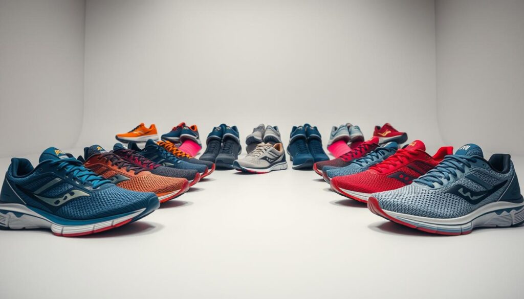 A neatly arranged display of high-performance running shoes in a well-lit, contemporary setting. The foreground showcases various models in a range of vibrant colors and sleek designs, each showcasing technical features like breathable mesh, shock-absorbing soles, and flexible, responsive construction. The middle ground features additional shoes in complementary shades, arranged in an appealing, visually balanced composition. The background is a clean, minimalist studio setup with neutral-toned walls, allowing the shoes to take center stage. Subtle shadows and highlights accentuate the contours and textures of the footwear, creating a sense of depth and dimensionality. The overall mood is one of athletic prowess, technical innovation, and modern, aspirational design. A neatly arranged display of high-performance running shoes in a well-lit, contemporary setting. The foreground showcases various models in a range of vibrant colors and sleek designs, each showcasing technical features like breathable mesh, shock-absorbing soles, and flexible, responsive construction. The middle ground features additional shoes in complementary shades, arranged in an appealing, visually balanced composition. The background is a clean, minimalist studio setup with neutral-toned walls, allowing the shoes to take center stage. Subtle shadows and highlights accentuate the contours and textures of the footwear, creating a sense of depth and dimensionality. The overall mood is one of athletic prowess, technical innovation, and modern, aspirational design.