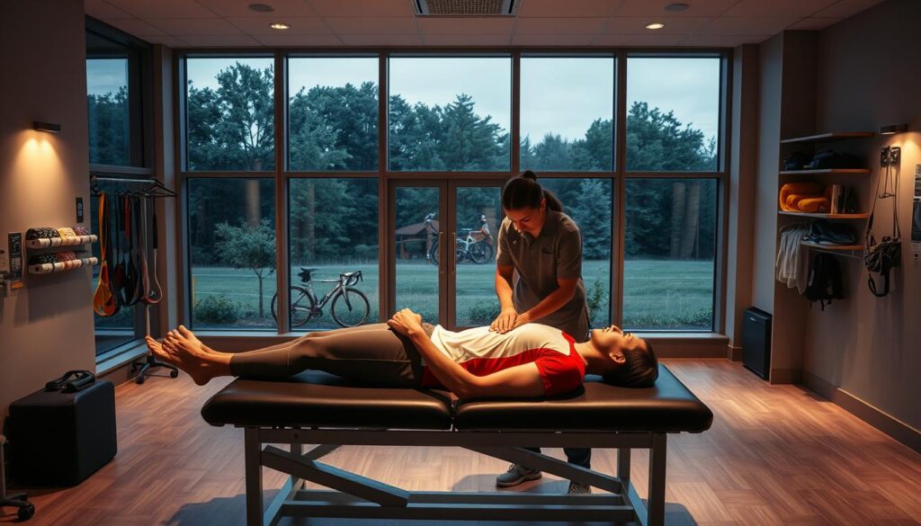 A serene, well-equipped sports medicine clinic, dimly lit with warm, therapeutic lighting. In the foreground, a racer lies on an examination table, a physiotherapist gently tending to their strained muscle with careful massage techniques. In the middle ground, various rehabilitation equipment like resistance bands, foam rollers, and ice packs are neatly arranged, conveying a sense of holistic, evidence-based care. The background features floor-to-ceiling windows overlooking a lush, calming outdoor scene, creating a tranquil, restorative atmosphere. The overall mood is one of professional expertise, compassion, and a focus on the racer's swift, safe recovery. A serene, well-equipped sports medicine clinic, dimly lit with warm, therapeutic lighting. In the foreground, a racer lies on an examination table, a physiotherapist gently tending to their strained muscle with careful massage techniques. In the middle ground, various rehabilitation equipment like resistance bands, foam rollers, and ice packs are neatly arranged, conveying a sense of holistic, evidence-based care. The background features floor-to-ceiling windows overlooking a lush, calming outdoor scene, creating a tranquil, restorative atmosphere. The overall mood is one of professional expertise, compassion, and a focus on the racer's swift, safe recovery.