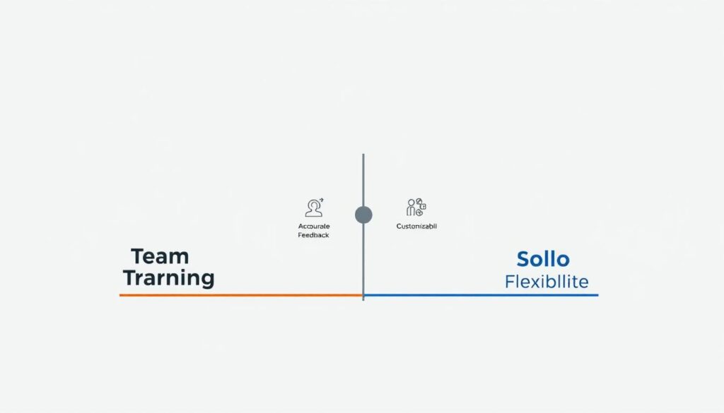 A stylized, minimalist decision matrix against a clean, serene background. In the foreground, two distinct paths - one labeled "Team Training" and the other "Solo Training" - diverge from a central starting point. The paths are represented by simple, geometric shapes in contrasting colors that convey a sense of balance and deliberation. In the middle ground, a series of icons or symbols illustrate key factors to consider, such as accountability, feedback, customization, and flexibility. The background is a soft, neutral tone that allows the central elements to stand out prominently, creating a sense of focus and clarity. The overall mood is one of thoughtful, strategic decision-making. A stylized, minimalist decision matrix against a clean, serene background. In the foreground, two distinct paths - one labeled "Team Training" and the other "Solo Training" - diverge from a central starting point. The paths are represented by simple, geometric shapes in contrasting colors that convey a sense of balance and deliberation. In the middle ground, a series of icons or symbols illustrate key factors to consider, such as accountability, feedback, customization, and flexibility. The background is a soft, neutral tone that allows the central elements to stand out prominently, creating a sense of focus and clarity. The overall mood is one of thoughtful, strategic decision-making.