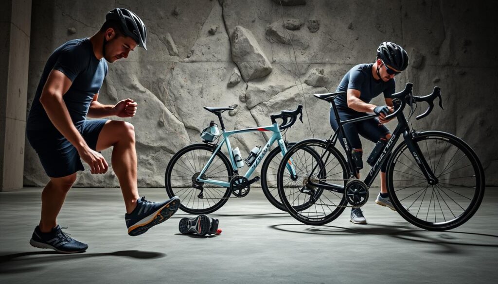 A well-equipped athlete tests various race gear against a stark, industrial backdrop. In the foreground, a runner examines running shoes, checking traction and cushioning. In the middle ground, a cyclist meticulously inspects a sleek racing bike, evaluating the frame, components, and aerodynamics. In the background, a rock-climbing wall provides a dramatic setting, with harsh, directional lighting casting dramatic shadows. The atmosphere is one of focused evaluation, as the athlete thoroughly assesses each piece of equipment, determined to find the optimal gear for their next competitive event. A well-equipped athlete tests various race gear against a stark, industrial backdrop. In the foreground, a runner examines running shoes, checking traction and cushioning. In the middle ground, a cyclist meticulously inspects a sleek racing bike, evaluating the frame, components, and aerodynamics. In the background, a rock-climbing wall provides a dramatic setting, with harsh, directional lighting casting dramatic shadows. The atmosphere is one of focused evaluation, as the athlete thoroughly assesses each piece of equipment, determined to find the optimal gear for their next competitive event.
