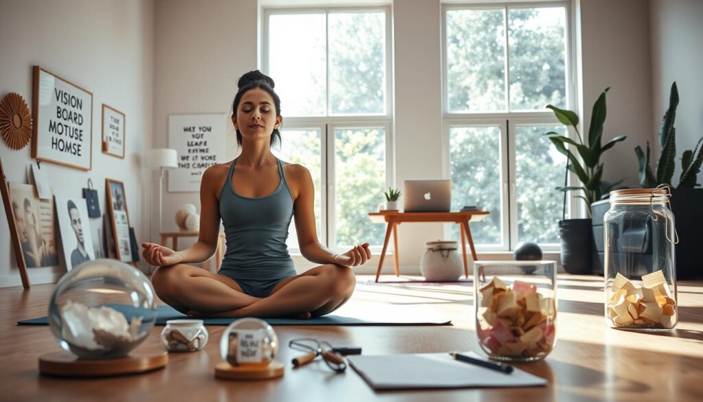 A well-lit home gym setting with various DIY visualization aids in the foreground. A person seated on a yoga mat, eyes closed, deep in meditation. Surrounding the person are objects like a vision board, inspirational quotes on the wall, a crystal sphere, and a jar of motivational notes. The middle ground features a desk with a laptop and a sketchpad, indicating the process of designing and planning visualization exercises. The background has large windows, allowing natural light to flood the space, creating a calming, introspective atmosphere. A well-lit home gym setting with various DIY visualization aids in the foreground. A person seated on a yoga mat, eyes closed, deep in meditation. Surrounding the person are objects like a vision board, inspirational quotes on the wall, a crystal sphere, and a jar of motivational notes. The middle ground features a desk with a laptop and a sketchpad, indicating the process of designing and planning visualization exercises. The background has large windows, allowing natural light to flood the space, creating a calming, introspective atmosphere.