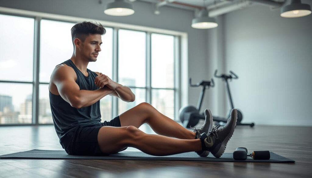 A well-lit indoor gym setting, with a runner sitting on a yoga mat, surrounded by exercise equipment. The runner is doing light stretches and massaging their legs, displaying a look of focused recovery. Soft, diffused lighting from overhead lamps creates a calming atmosphere. In the background, a large window overlooks a cityscape, suggesting an urban environment. The composition emphasizes the subject's post-race recovery process, with a clean, minimalist aesthetic that conveys a sense of rejuvenation and restoration. A well-lit indoor gym setting, with a runner sitting on a yoga mat, surrounded by exercise equipment. The runner is doing light stretches and massaging their legs, displaying a look of focused recovery. Soft, diffused lighting from overhead lamps creates a calming atmosphere. In the background, a large window overlooks a cityscape, suggesting an urban environment. The composition emphasizes the subject's post-race recovery process, with a clean, minimalist aesthetic that conveys a sense of rejuvenation and restoration.