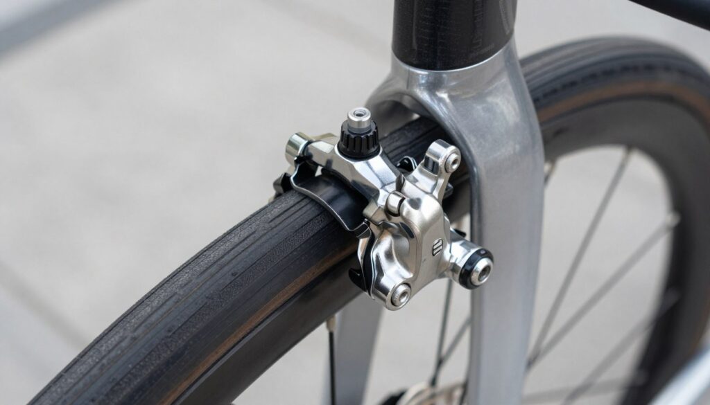 Close-up of a high-performance bicycle brake caliper and tire tread, representing a critical pre-race bike check for safety and performance. Close-up of a high-performance bicycle brake caliper and tire tread, representing a critical pre-race bike check for safety and performance.