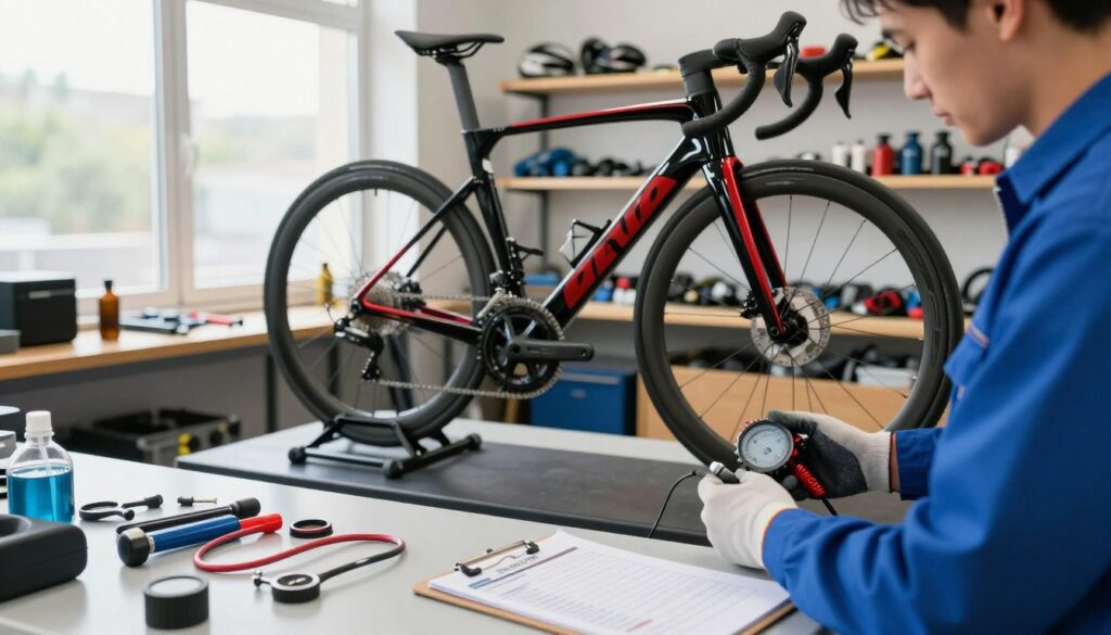 race bike maintenance checklist showing a mechanic performing a pre-ride inspection on a high-performance road bike race bike maintenance checklist showing a mechanic performing a pre-ride inspection on a high-performance road bike