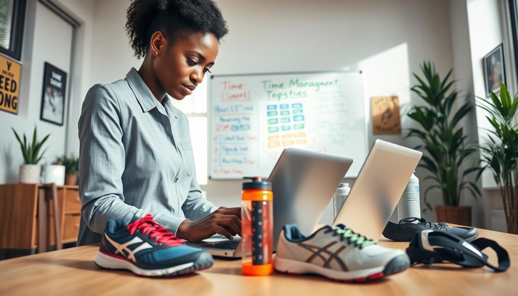 A dynamic composition showcasing an amateur athlete in a modern workspace, illustrating effective time management techniques. In the foreground, the athlete, a young Black woman in professional business attire, is focused on organizing her schedule on a laptop, surrounded by sports gear such as running shoes and a water bottle. In the middle ground, a whiteboard displays colorful notes and diagrams representing time management strategies and balance between racing and work. The background features a well-lit office environment with plants and motivational posters. Natural light streams through the window, creating a warm atmosphere. Use a mid-angle perspective to capture the scene, highlighting the synergy between athleticism and professionalism, and evoke a sense of motivation and determination.