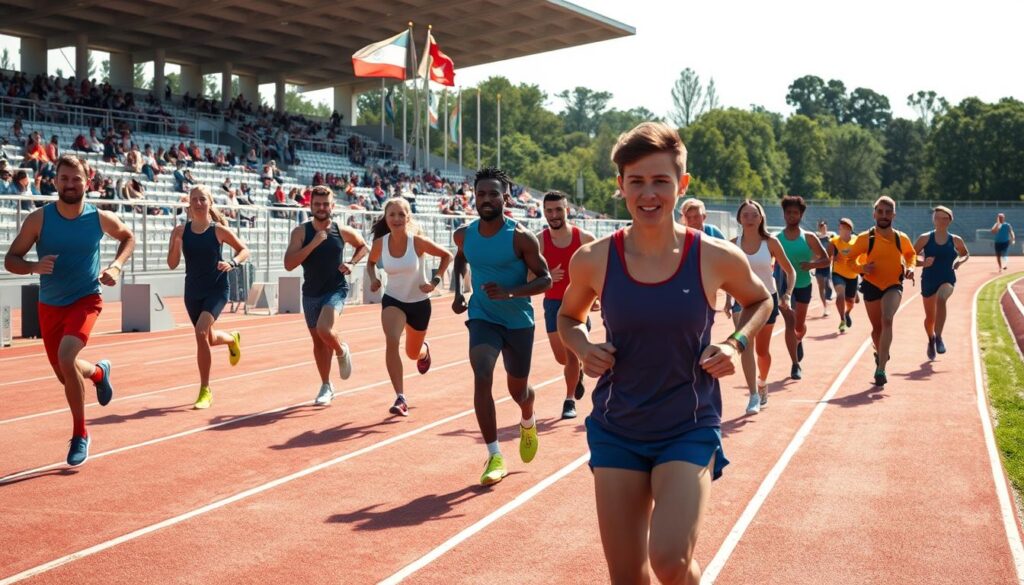 A dynamic race day scene at a track, showcasing athletes engaged in a warm-up routine. In the foreground, a group of diverse runners, dressed in colorful athletic gear, are stretching, jogging, and performing dynamic movements. Their expressions are focused and determined, capturing the anticipation of competition. In the middle ground, a well-maintained race track with chalk lines and starting blocks is visible, along with a coach observing and providing guidance. The background features spectators in the stands and flags fluttering in the breeze, adding to the excitement. The lighting is bright and natural, suggesting a sunny morning, with shadows cast elegantly on the track. The overall mood is energetic and motivational, embodying the spirit of a professional race day. A dynamic race day scene at a track, showcasing athletes engaged in a warm-up routine. In the foreground, a group of diverse runners, dressed in colorful athletic gear, are stretching, jogging, and performing dynamic movements. Their expressions are focused and determined, capturing the anticipation of competition. In the middle ground, a well-maintained race track with chalk lines and starting blocks is visible, along with a coach observing and providing guidance. The background features spectators in the stands and flags fluttering in the breeze, adding to the excitement. The lighting is bright and natural, suggesting a sunny morning, with shadows cast elegantly on the track. The overall mood is energetic and motivational, embodying the spirit of a professional race day.