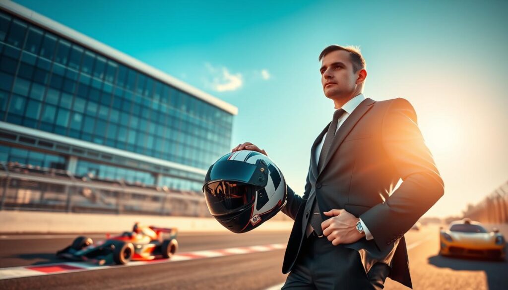 A dynamic scene capturing the essence of balancing work and racing. In the foreground, a well-dressed amateur athlete in a tailored business suit holds a racing helmet in one hand, looking determined and focused. In the middle ground, a racetrack is visible, with racing cars speeding by, symbolizing the thrill of competition. The background features an office building, representing professional life, under a clear blue sky. The sunlight casts warm, golden tones, illuminating both the athlete and the cars, creating an energetic yet harmonious atmosphere. The angle is slightly tilted upwards to emphasize the contrast between the fast-paced racing scene and the athlete's poised demeanor, illustrating the balance between training and professional responsibilities.