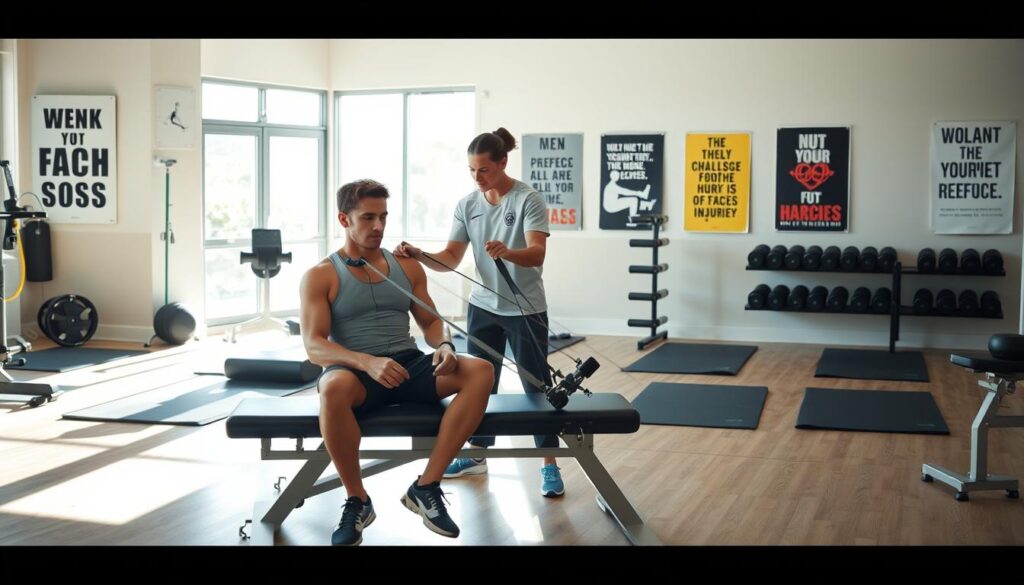 A dynamic scene illustrating the recovery process from racing injuries, featuring a racer in modest athletic wear sitting on a rehabilitation bench in a well-lit gym. In the foreground, a focused athlete performs rehabilitation exercises with resistance bands, showcasing determination and strength. The middle ground includes a physiotherapist guiding the athlete, emphasizing teamwork and support in recovery. Various rehabilitation equipment, such as exercise mats and weights, are arranged neatly around, reflecting a professional training environment. The background captures motivational posters related to overcoming injuries, enhancing the atmosphere of resilience and hope. Soft natural light floods the space, highlighting the athletes' expressions of concentration and resolve, embodying the spirit of perseverance in the face of adversity. A dynamic scene illustrating the recovery process from racing injuries, featuring a racer in modest athletic wear sitting on a rehabilitation bench in a well-lit gym. In the foreground, a focused athlete performs rehabilitation exercises with resistance bands, showcasing determination and strength. The middle ground includes a physiotherapist guiding the athlete, emphasizing teamwork and support in recovery. Various rehabilitation equipment, such as exercise mats and weights, are arranged neatly around, reflecting a professional training environment. The background captures motivational posters related to overcoming injuries, enhancing the atmosphere of resilience and hope. Soft natural light floods the space, highlighting the athletes' expressions of concentration and resolve, embodying the spirit of perseverance in the face of adversity.