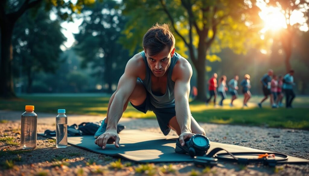 A focused athlete preparing for a race in a serene morning setting. In the foreground, an intense-looking runner in modest athletic gear is seen stretching on a yoga mat, surrounded by essential gear such as running shoes, water bottles, and a stopwatch. The middle ground features a tranquil park with vibrant greenery and early morning sunlight filtering through the trees, creating a warm glow. In the background, a distant group of fellow runners can be seen warming up, emphasizing a communal atmosphere. The scene captures a mood of determination and calm, highlighting the importance of focus and activation, with soft, diffused lighting that enhances the early morning ambiance. The composition is framed from a slightly low angle, inviting viewers into the runner's pre-race ritual. A focused athlete preparing for a race in a serene morning setting. In the foreground, an intense-looking runner in modest athletic gear is seen stretching on a yoga mat, surrounded by essential gear such as running shoes, water bottles, and a stopwatch. The middle ground features a tranquil park with vibrant greenery and early morning sunlight filtering through the trees, creating a warm glow. In the background, a distant group of fellow runners can be seen warming up, emphasizing a communal atmosphere. The scene captures a mood of determination and calm, highlighting the importance of focus and activation, with soft, diffused lighting that enhances the early morning ambiance. The composition is framed from a slightly low angle, inviting viewers into the runner's pre-race ritual.