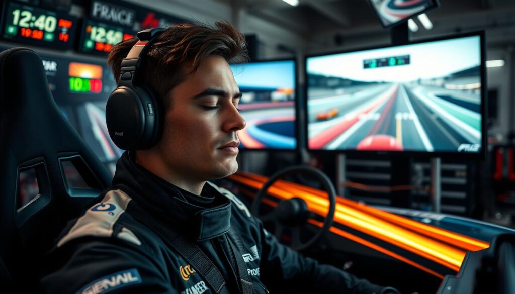 A focused racing driver in a sleek racing suit, sitting in a high-tech racing simulator, surrounded by monitors displaying vibrant racing tracks and timers. In the foreground, the driver closes their eyes, deeply immersed in visualization techniques, with a serene yet determined expression. The middle section features dynamic visuals of a racetrack and abstract representations of anxiety transforming into confidence—swift motion lines and glowing light trails symbolizing speed and focus. The background includes a garage with tools and car parts slightly blurred to enhance depth, illuminated by soft, ambient lighting that creates a calming atmosphere. The overall mood conveys empowerment and clarity, underscoring the power of mindset in overcoming anxiety in racing. A focused racing driver in a sleek racing suit, sitting in a high-tech racing simulator, surrounded by monitors displaying vibrant racing tracks and timers. In the foreground, the driver closes their eyes, deeply immersed in visualization techniques, with a serene yet determined expression. The middle section features dynamic visuals of a racetrack and abstract representations of anxiety transforming into confidence—swift motion lines and glowing light trails symbolizing speed and focus. The background includes a garage with tools and car parts slightly blurred to enhance depth, illuminated by soft, ambient lighting that creates a calming atmosphere. The overall mood conveys empowerment and clarity, underscoring the power of mindset in overcoming anxiety in racing.