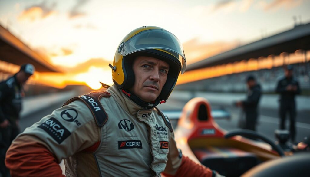 A focused racing scene capturing a determined racer, clad in a professional racing suit and helmet, pushing through physical and mental recovery after an injury. In the foreground, the racer embodies resilience with a determined expression, leaning against a race car, showcasing signs of wear yet ready to conquer challenges. In the middle ground, a supportive crew member is seen adjusting equipment or offering encouragement, symbolizing teamwork and support in recovery. The background features a blurred racetrack, sun setting in vibrant oranges and purples, creating an atmosphere of hope and perseverance. The overall mood is one of determination and strength, with sharp focus on the racer, using soft lighting to emphasize their grit and the camaraderie of the team. Capture this moment from a low angle to portray the racer’s strength against the expansive race environment. A focused racing scene capturing a determined racer, clad in a professional racing suit and helmet, pushing through physical and mental recovery after an injury. In the foreground, the racer embodies resilience with a determined expression, leaning against a race car, showcasing signs of wear yet ready to conquer challenges. In the middle ground, a supportive crew member is seen adjusting equipment or offering encouragement, symbolizing teamwork and support in recovery. The background features a blurred racetrack, sun setting in vibrant oranges and purples, creating an atmosphere of hope and perseverance. The overall mood is one of determination and strength, with sharp focus on the racer, using soft lighting to emphasize their grit and the camaraderie of the team. Capture this moment from a low angle to portray the racer’s strength against the expansive race environment.