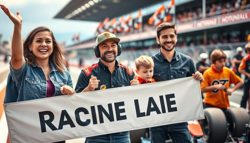 A lively motorsport scene depicting a racing family in an enthusiastic support role. In the foreground, a mother and father, both wearing casual yet stylish attire, are cheering with excitement, holding a banner with their driver's name. Their expressions reflect pride and encouragement. The middle ground showcases a pit crew, including siblings in matching shirts, busily organizing tools and discussing strategy, with a racing car in the background. The atmosphere is electric and lively, with vibrant colors of the raceway and banners waving in the breeze. The background features a blurred race track and cheering crowd, emphasizing a sense of community and teamwork. The lighting is bright and dynamic, enhancing the cheerful yet focused mood, while a slight depth-of-field effect draws attention to the family members supporting their racer.