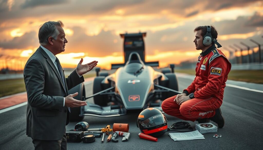 A serene yet focused environment showcasing a professional sports psychologist and a racing driver engaged in an intense discussion. In the foreground, the psychologist, a middle-aged person in smart business attire, is gesturing confidently, conveying insights and support. The driver, wearing a racing suit but with the helmet off, displays a contemplative expression, symbolizing overcoming fear and doubt. In the middle, a large race car is parked, with tools and strategies laid out around them, indicating preparation and mental training. The background features a racetrack under a dramatic sunset, casting warm light, enhancing the atmosphere of determination and resilience. The overall mood is motivational and uplifting, focusing on the psychological aspects of racing. Use a shallow depth of field to draw attention to the subjects. A serene yet focused environment showcasing a professional sports psychologist and a racing driver engaged in an intense discussion. In the foreground, the psychologist, a middle-aged person in smart business attire, is gesturing confidently, conveying insights and support. The driver, wearing a racing suit but with the helmet off, displays a contemplative expression, symbolizing overcoming fear and doubt. In the middle, a large race car is parked, with tools and strategies laid out around them, indicating preparation and mental training. The background features a racetrack under a dramatic sunset, casting warm light, enhancing the atmosphere of determination and resilience. The overall mood is motivational and uplifting, focusing on the psychological aspects of racing. Use a shallow depth of field to draw attention to the subjects.