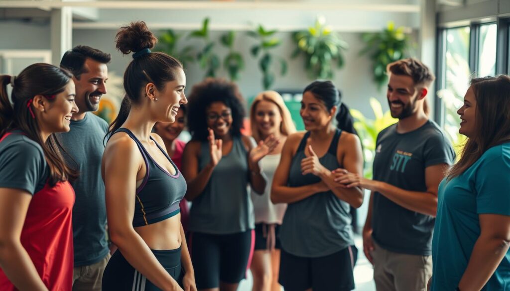 A vibrant scene showcasing an "athlete support network," featuring a diverse group of individuals assembled in a warm, inviting environment. In the foreground, a female athlete in sports apparel engages with her supportive friends and family, who are dressed in casual yet professional attire, radiating encouragement and positivity. In the middle ground, a mix of smiling faces, both men and women, gather around, providing motivation with gestures such as high-fives or cheers. The background reveals a light-filled training area, with blurred images of athletic equipment and greenery, symbolizing growth and strength. The lighting is soft yet uplifting, creating an atmosphere of camaraderie and support, captured with a slightly wide-angle lens to encompass the collective energy of the moment. The mood is inspiring and heartwarming, reflecting the importance of a strong support network.