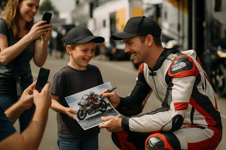 A racer speaks with supporters near the paddock after a track session